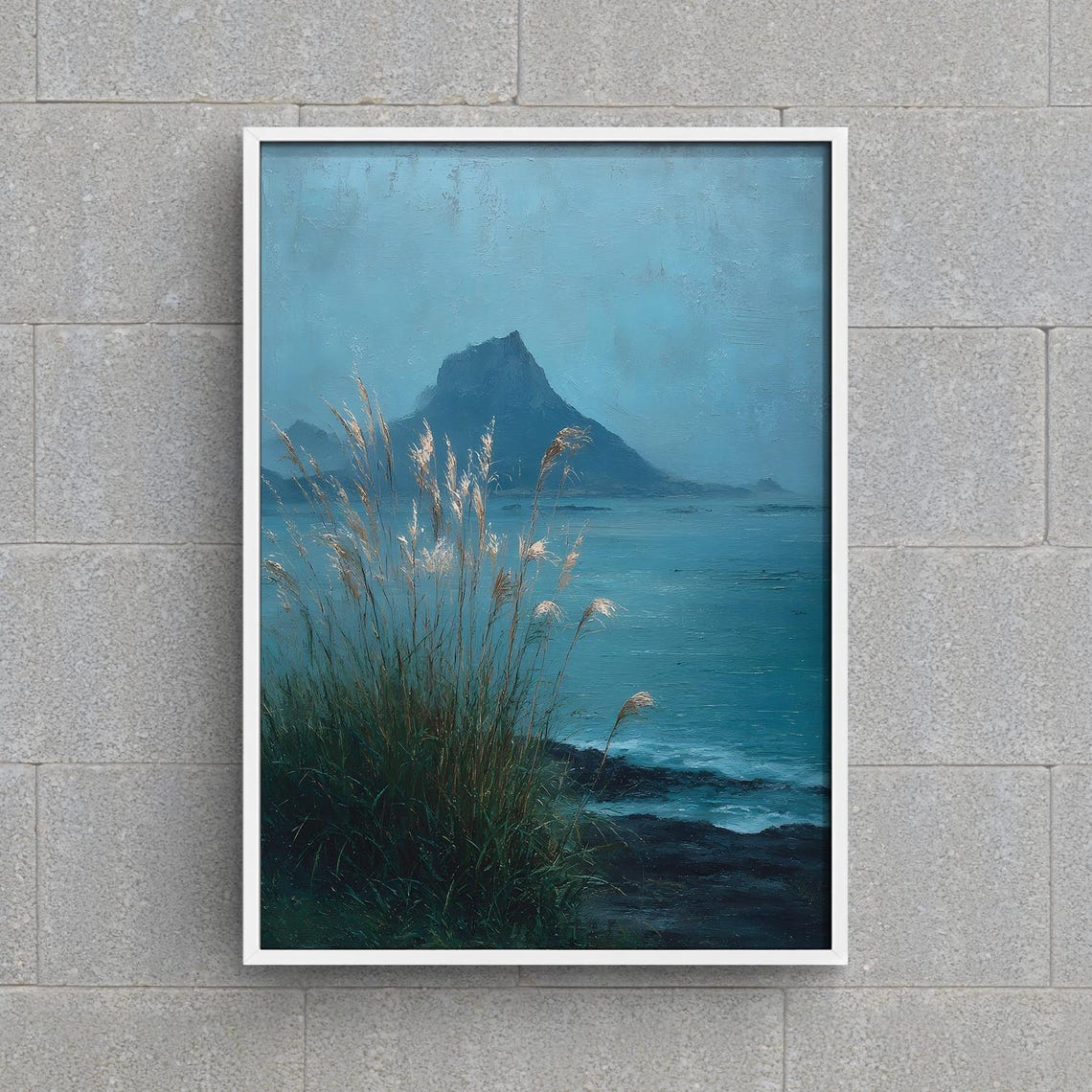 Moody Misty Coastal Mountain Seascape with Pampas Grass Art Poster