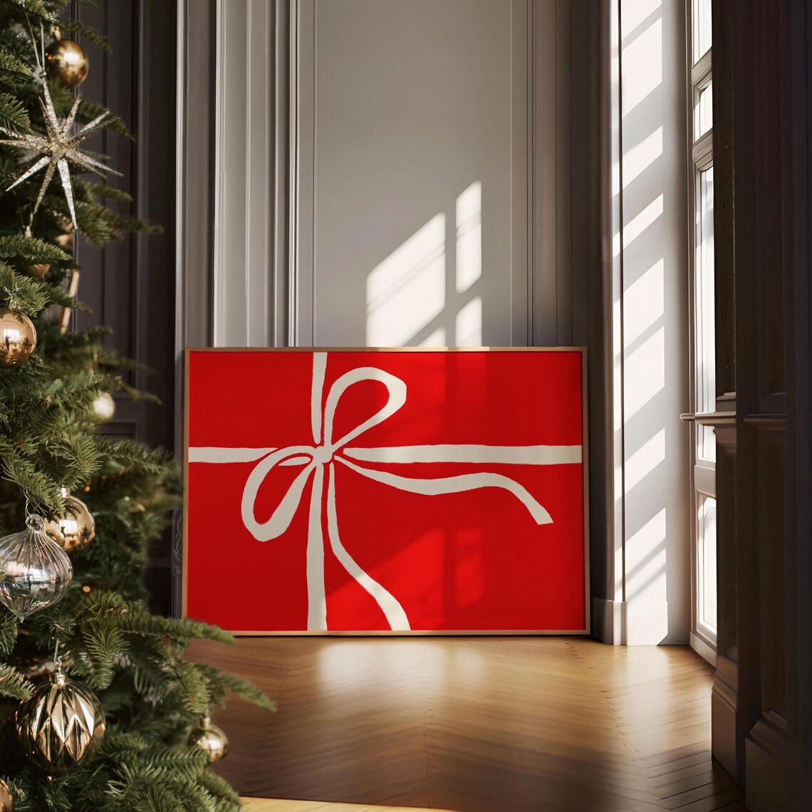 Red Gift Box With White Bow Minimalist Christmas Holiday Poster