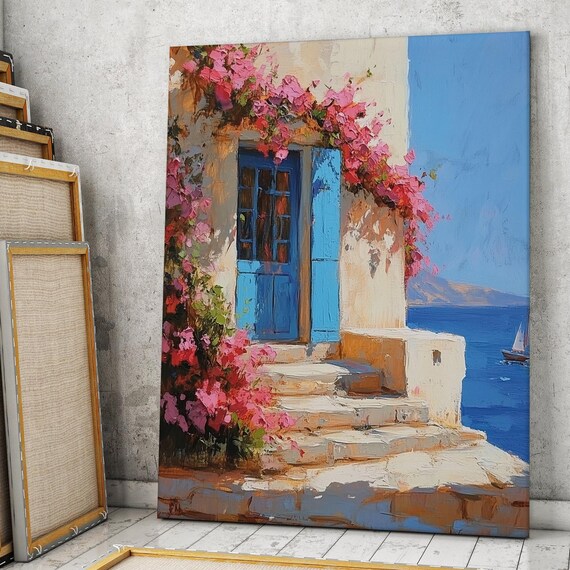 Mediterranean House Blue Door Coastal Oil Painting Art Poster