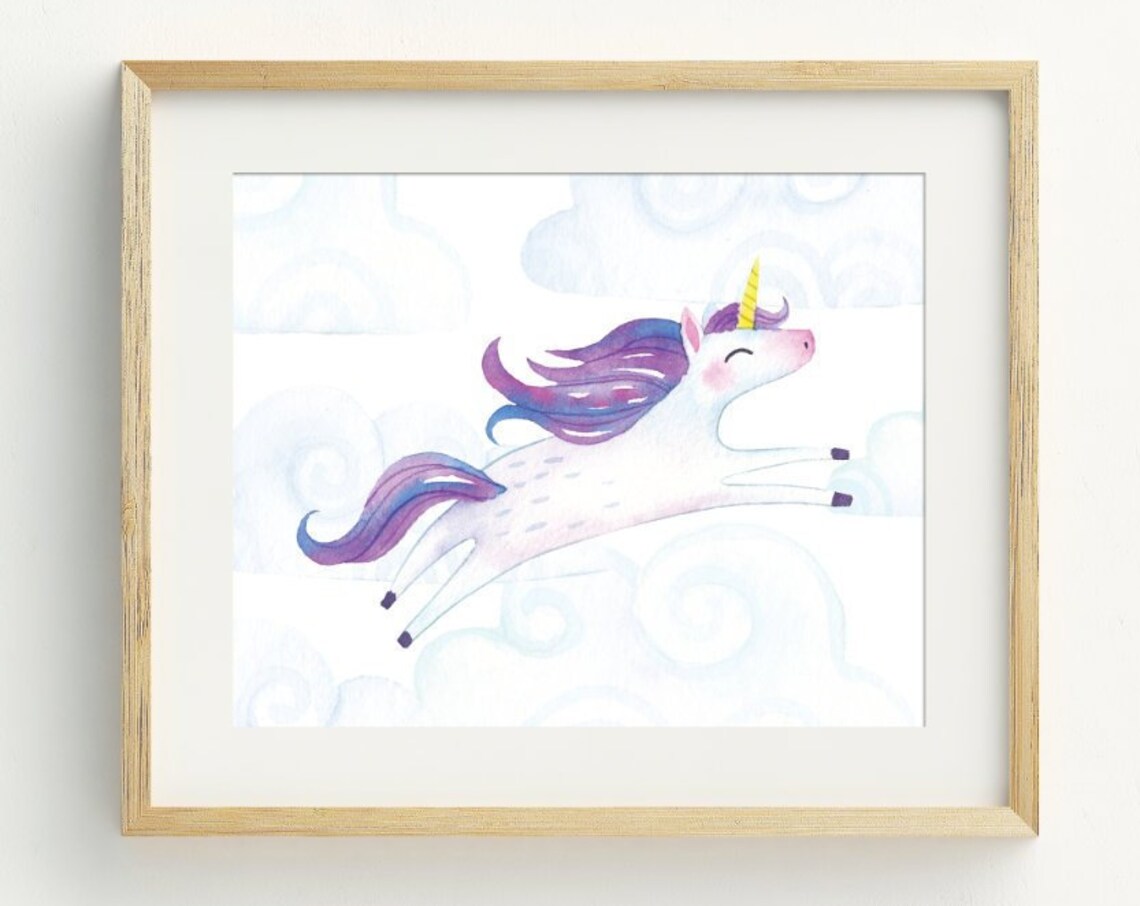 Watercolor Unicorn Magical Flying Horse Kids Nursery Room Art Poster