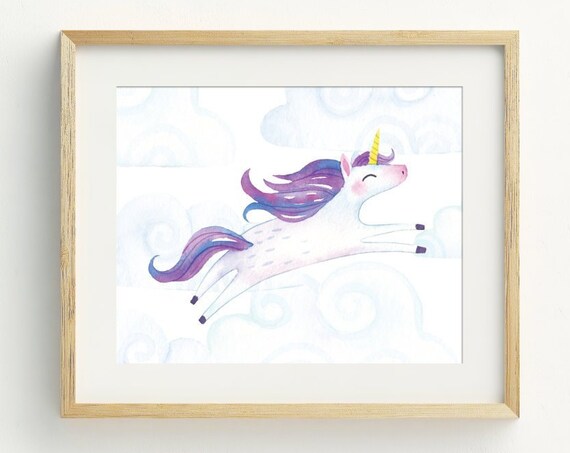 Watercolor Unicorn Magical Flying Horse Kids Nursery Room Art Poster