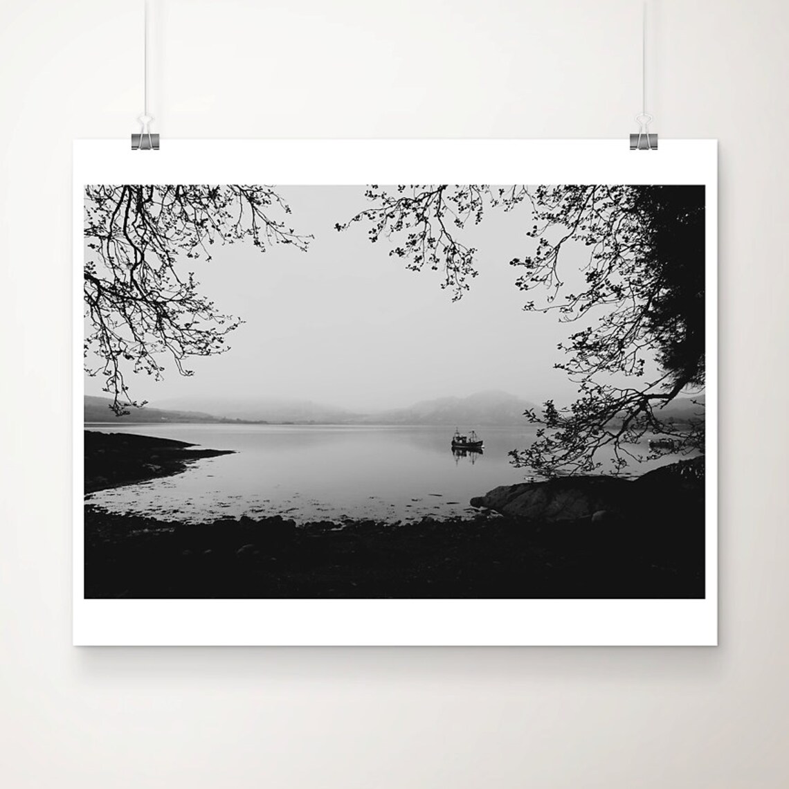 Black White Misty Loch Boat Framed By Trees Landscape Photo Print