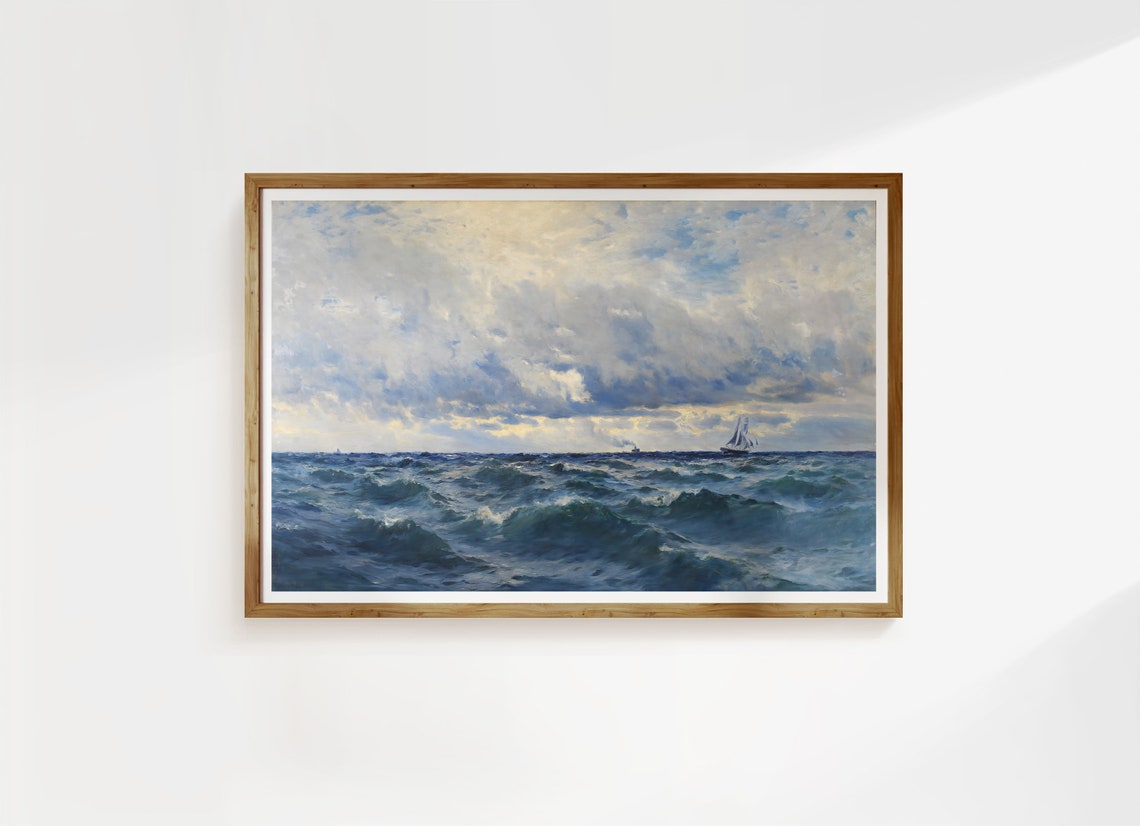 Rustic Ocean Waves Rolling Sea Ship Horizon Marine Oil Poster