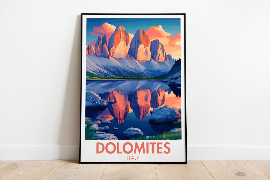 Dolomites Italy White Edition Sunset Lake Reflection Mountain Poster