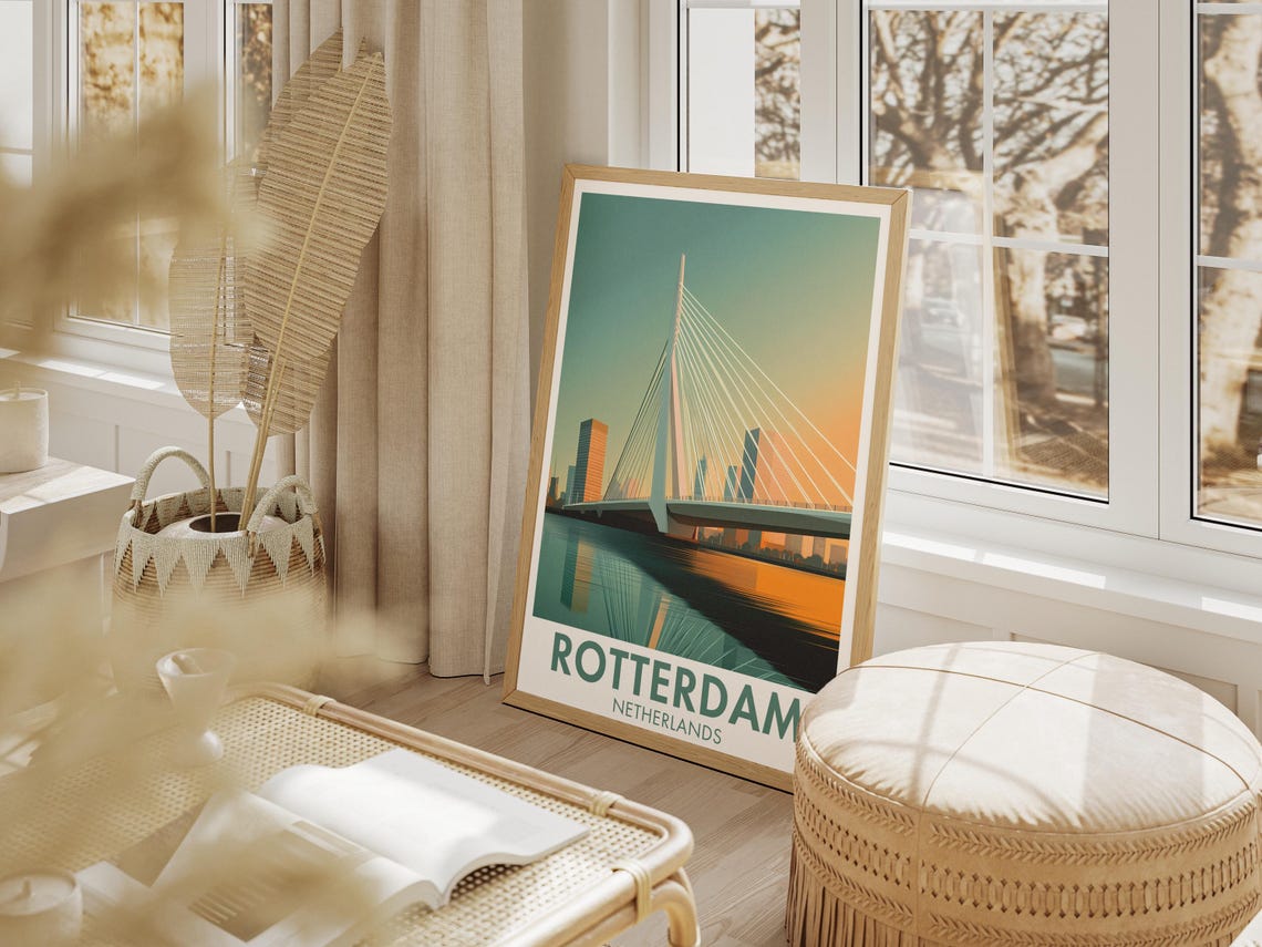 Rotterdam Erasmus Bridge Sunset Netherlands Modern Travel Poster - Image 4