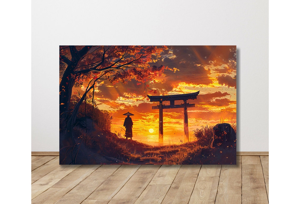 Samurai By A Torii Gate At Sunset Japanese Landscape Art Poster