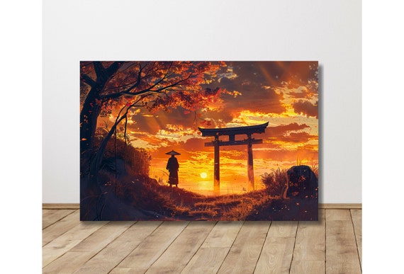Japanese Wall Art Samurai Overlooking Sunset Japanese Torii Gate Sunset Art Modern Wall Art Japan Art Large Art Ready To Hang