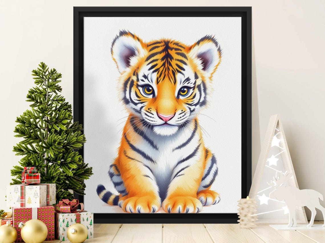 Cute Baby Tiger Cub Watercolor Jungle Nursery Playroom Poster - Image 2