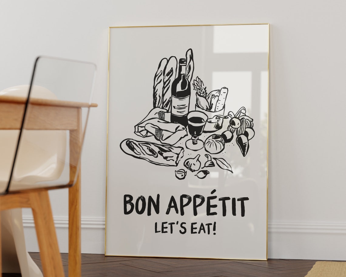 Bon Appetit Lets Eat Charming French Kitchen Line Sketch Poster - Image 2