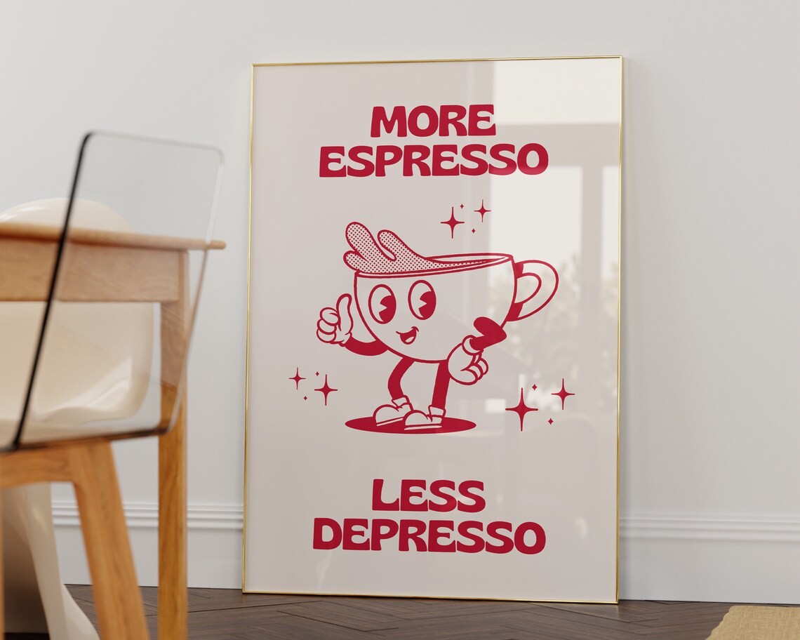 More Espresso Less Depresso Retro Coffee Mascot Kitchen Poster - Image 2