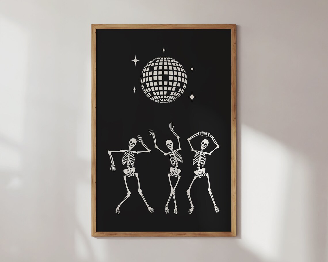 Dancing Skeletons Disco Ball Halloween Spooky Party Black Poster