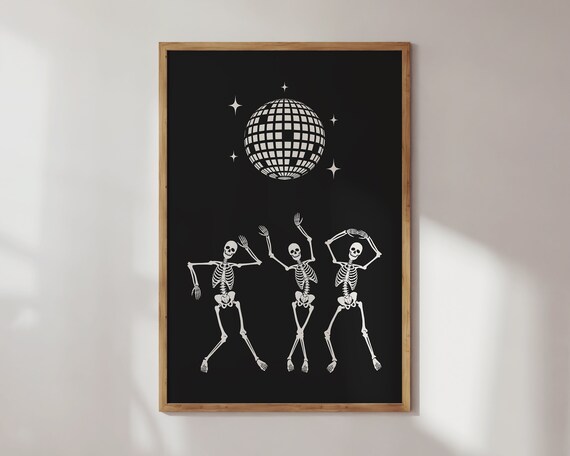 Dancing Skeletons Disco Ball Halloween Spooky Party Black Poster