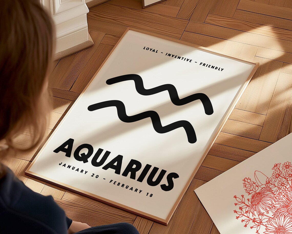 Aquarius Zodiac Symbol Bold Black Cream Minimalist Astrology Poster - Image 2