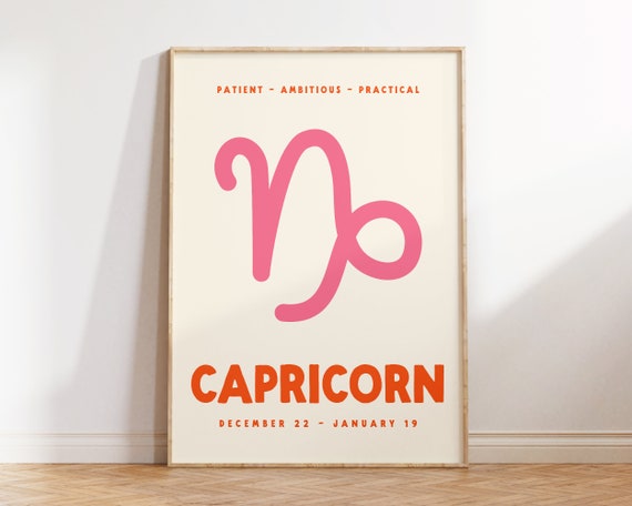 Capricorn Print Zodiac Poster Print Trendy Wall Art Star Sign Print Preppy Wall Decor Pink And Orange Art