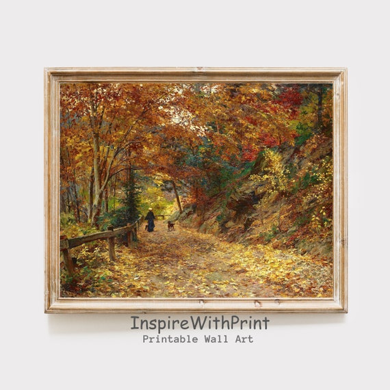 Moody Autumn Scenery Wall Art Vintage Fall Road Painting Landscape Farmhouse Print Decor Wood Lane