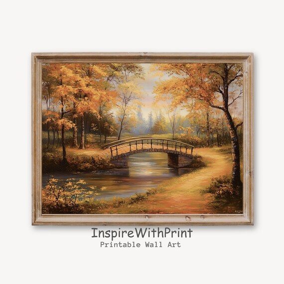 Vintage Autumn River Bridge Oil Painting Poster Golden Fall Woodland