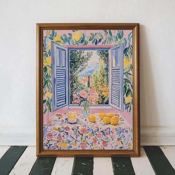 Pink Matisse-Style Open Window with Lemons and Flowers Art Print