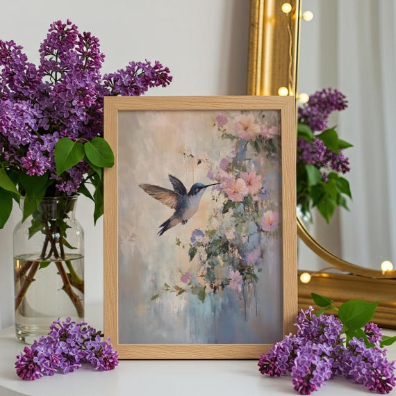 Vintage Hummingbird Print Moody Bird Lover Gift Wall Art Nature Pastel Color Decor