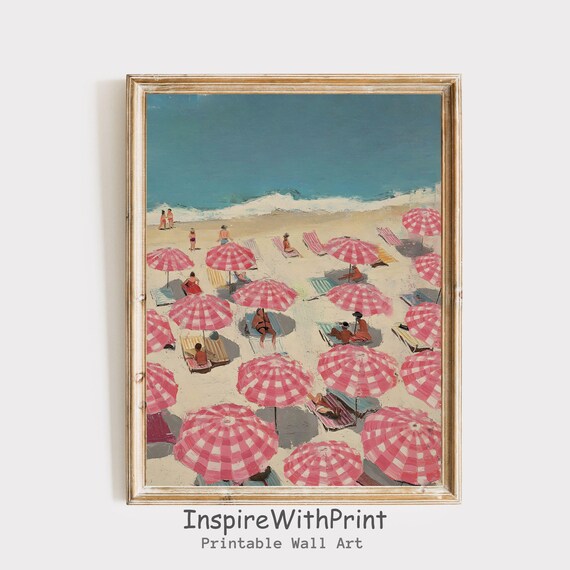 Retro Beach From Above With Pink Striped Umbrellas Art Poster