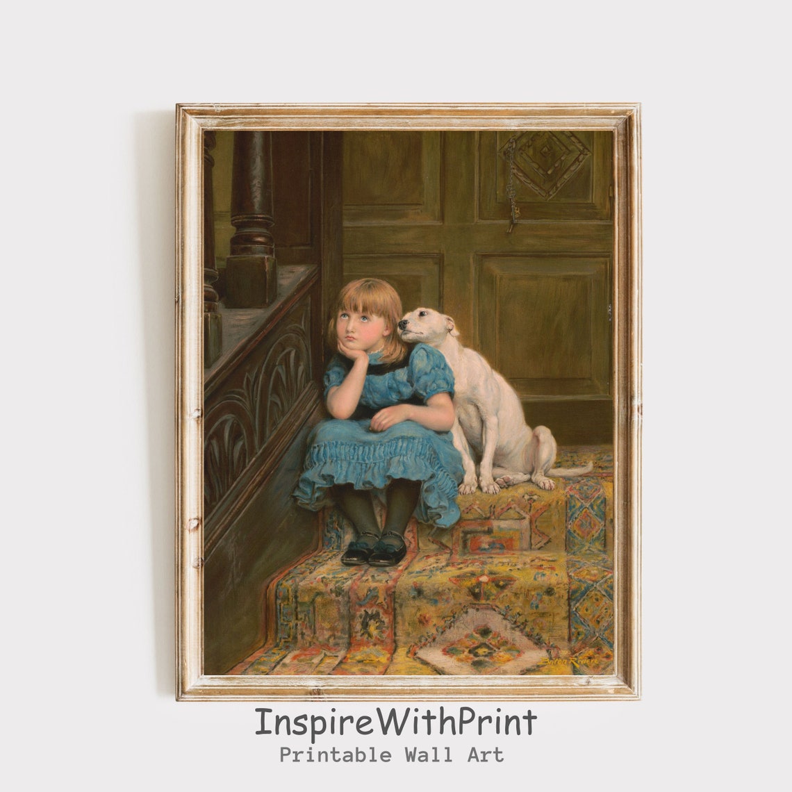 Little Girl With Dog Art Vintage Kid Oil Painting Toddler Room Wall Decor And Animal Print Childhood