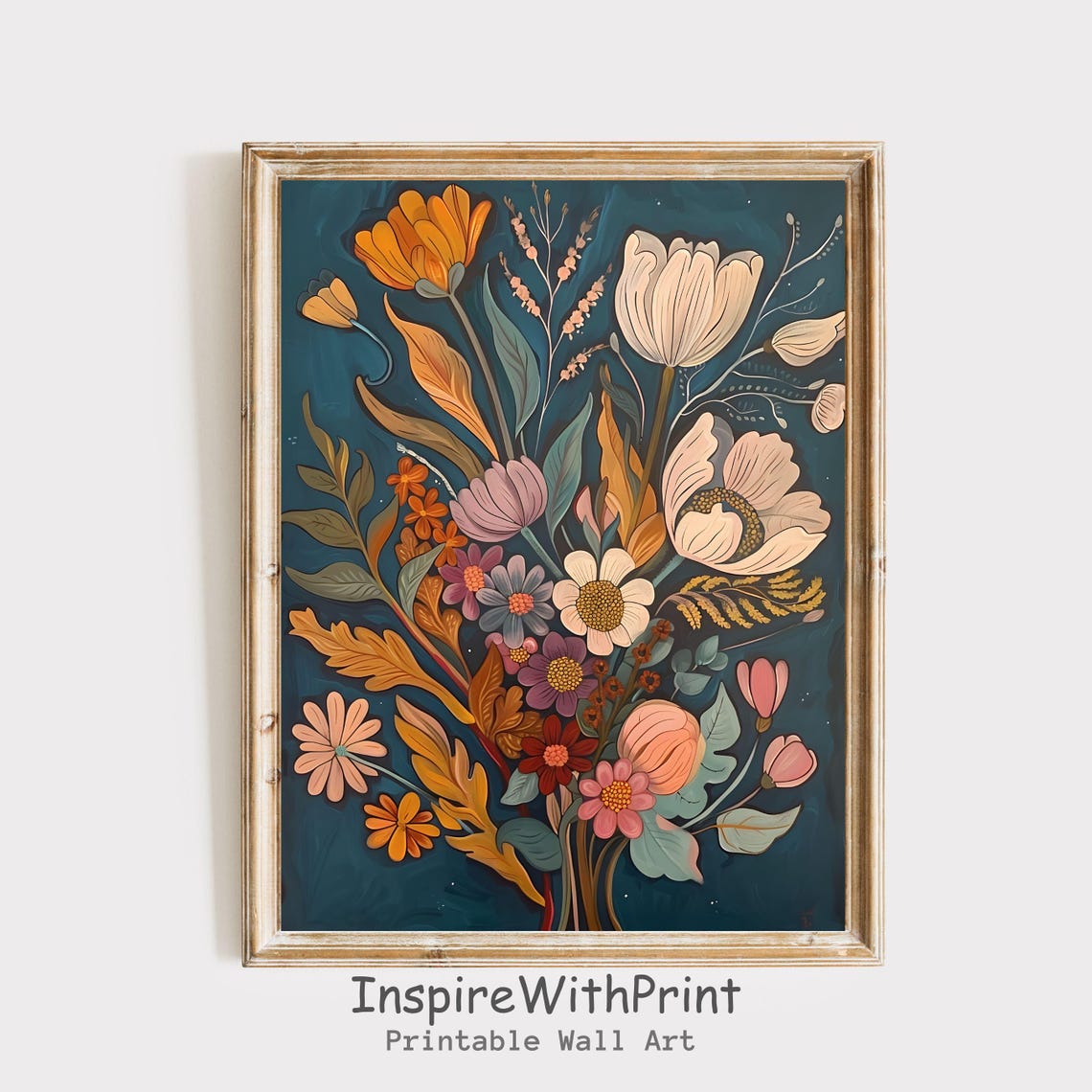 Marigold and Poppy Midcentury Wildflower Bouquet on Teal Poster