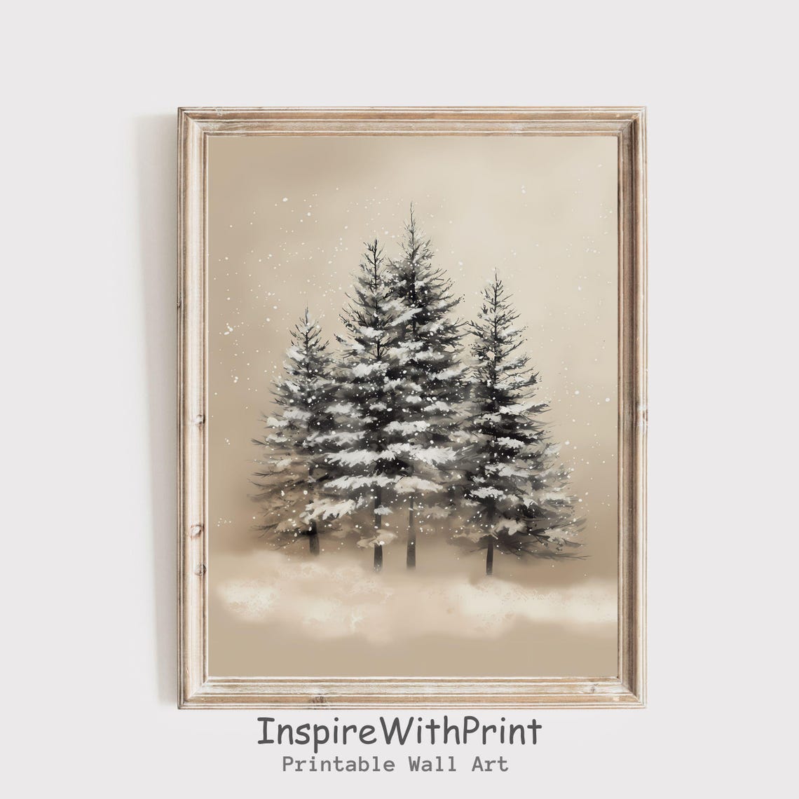 Four Snowy Pines in Warm Sepia Watercolor Winter Scene Poster