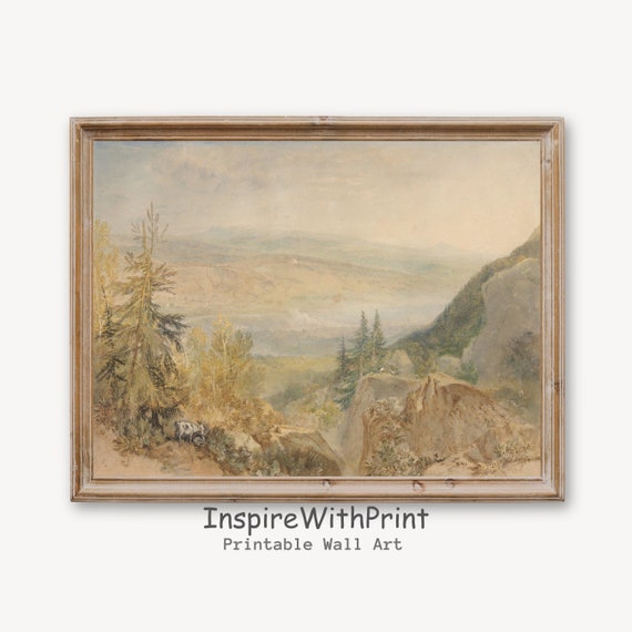 Watercolor Mountain Painting Vintage Nature Landscape Print Rustic Pine Trees Wall Art Cabin Decor