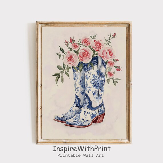 Blue White Chinoiserie Cowboy Boots Pink Roses Floral Poster