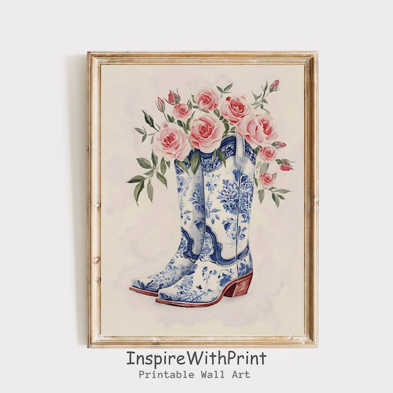 Coastal Cowgirl Blue Boot Wall Art Preppy Pink Rose Floral Nursery Chinoiserie Western Print Coquette Apartment Dorm Room