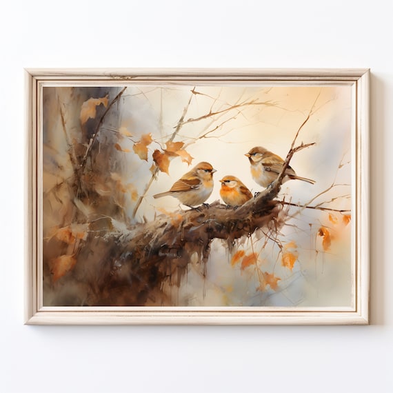 Three Sparrows on an Autumn Branch Watercolor Print in Warm Tones