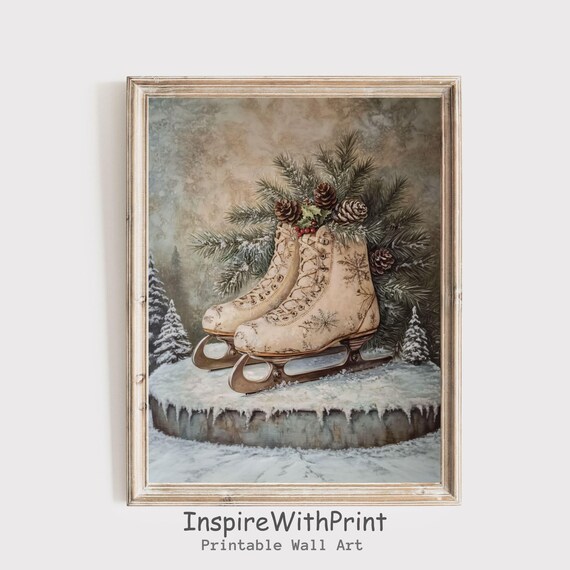 Vintage Cream Ice Skates With Pine Boughs Winter Holiday Poster