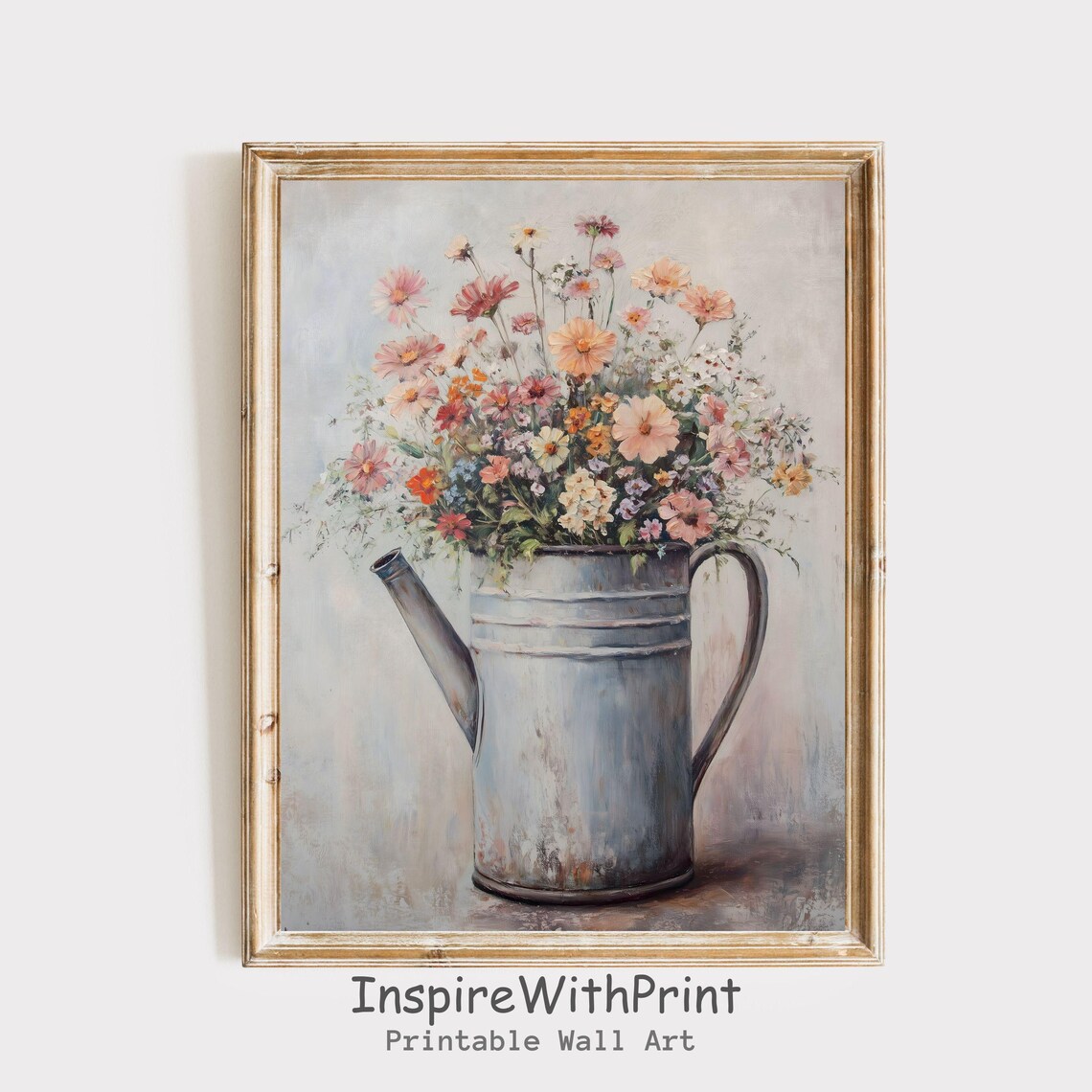 Rustic Wildflowers in Metal Watering Can Cottage Core Floral Poster