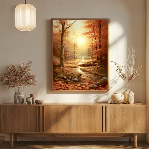Golden Autumn Forest Sunlit Stream Fall Foliage Painting Poster