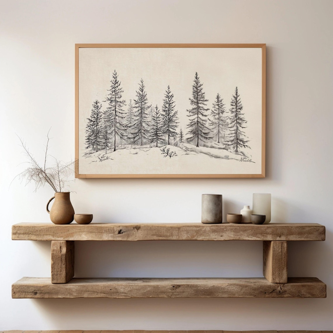 Pine Tree Forest Sketch Print, Vintage Winter Landscape