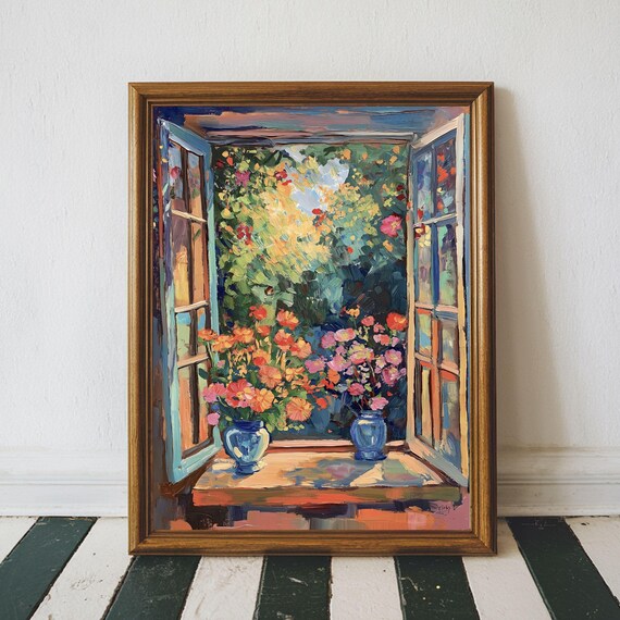 Open Window Flower Garden View with Blue Vases Fauvist Art Poster