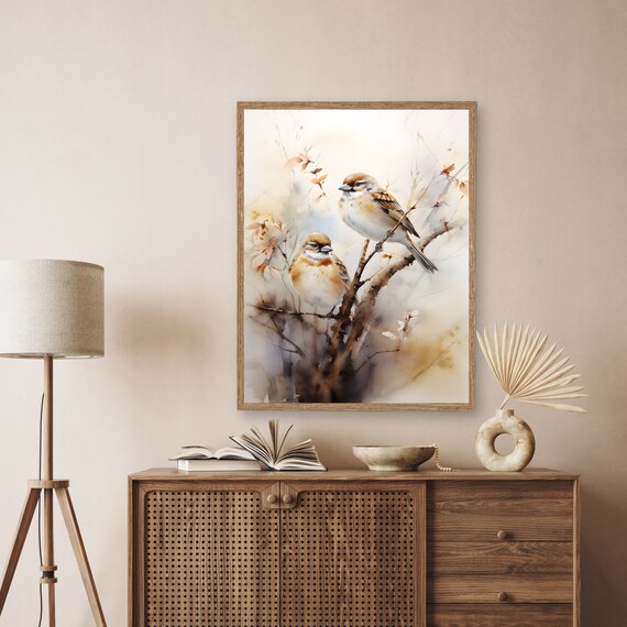 Pair Of Sparrows Perched On Branch Autumn Watercolor Bird Poster