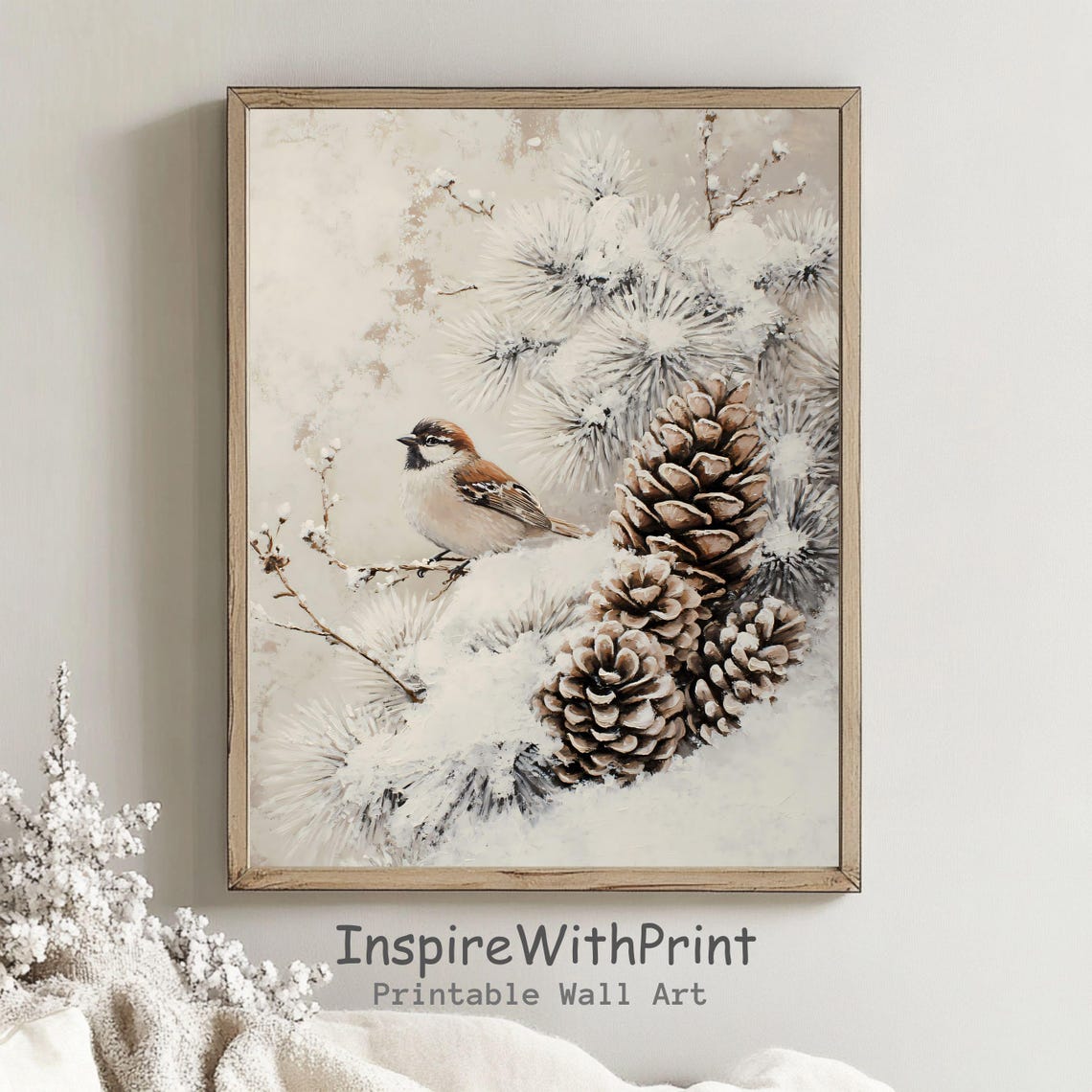 Small Winter Sparrow Perched On Snowy Branch With Pinecones Poster