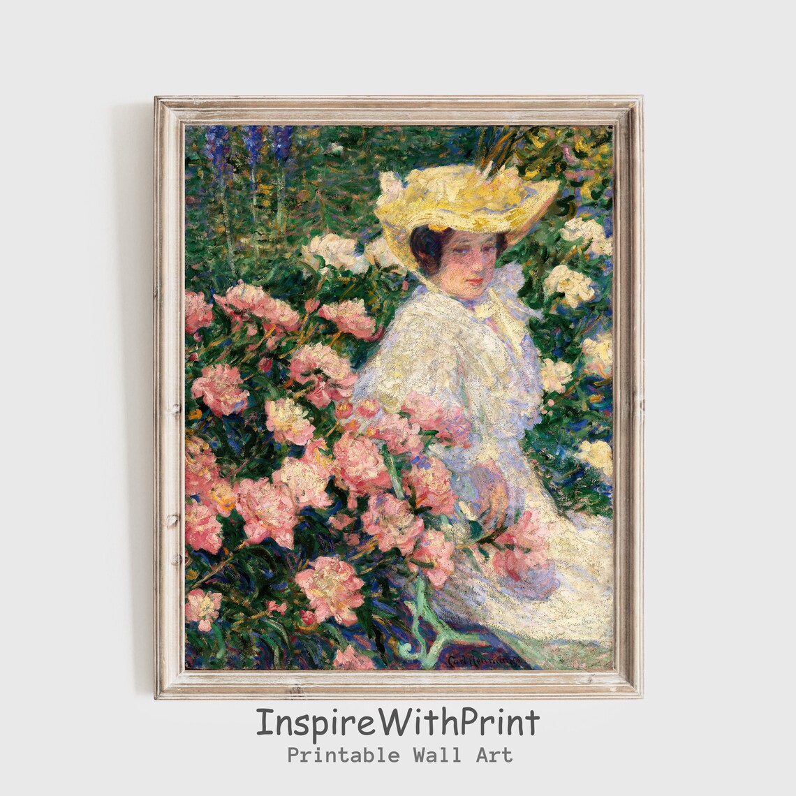 Vintage Woman In Garden With Pink Peonies Impressionist Art Print