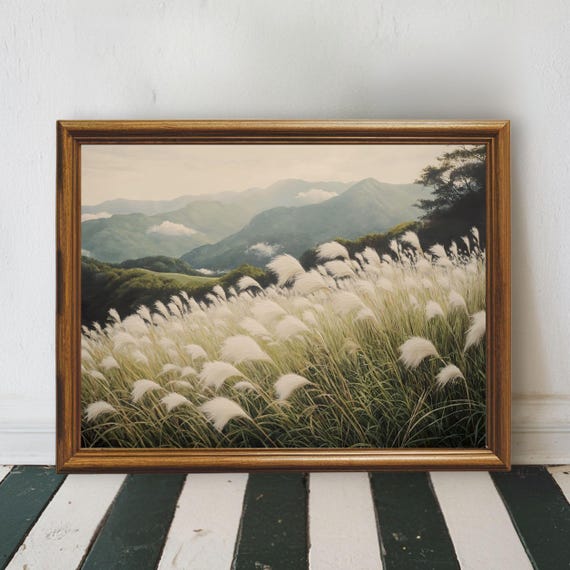 Country Meadow Grass Field Landscape Print Pampas Wall Art Neutral Nature Rustic Mountain