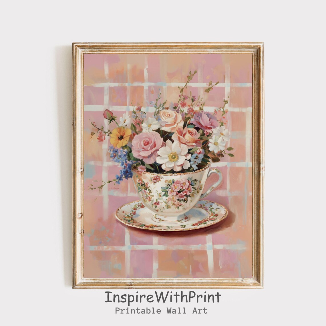 Gingham Floral Teacup With Pastel Rose Bouquet Cottage Wall Poster