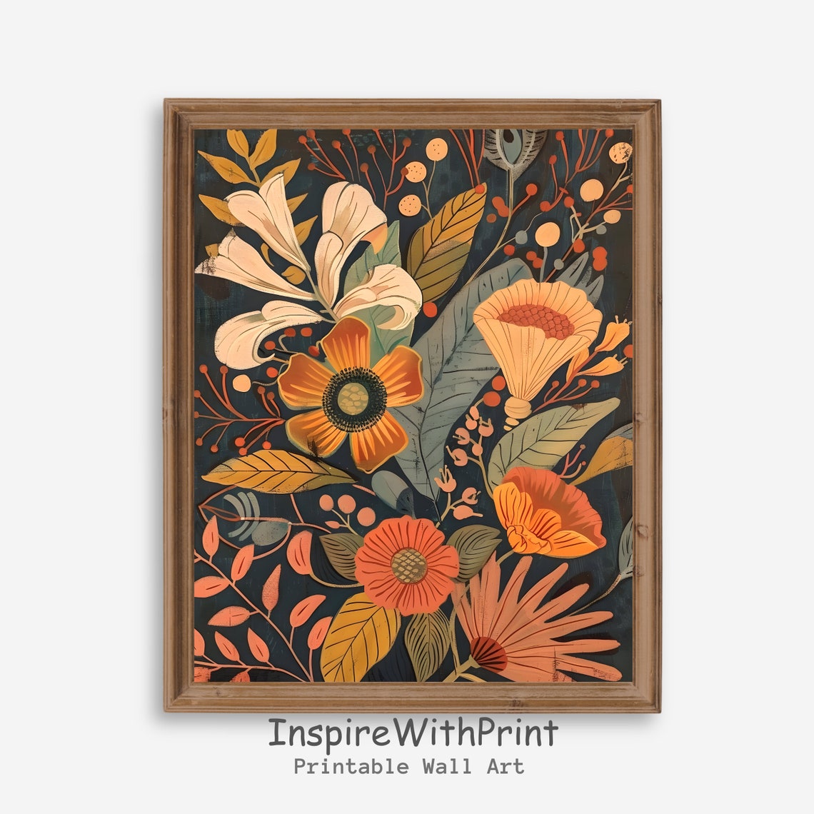 Midcentury Boho Vintage Autumn Lilies and Berries Dark Floral Print