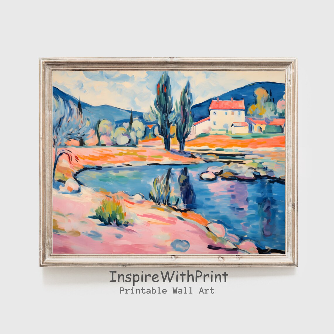 Matisse Inspired Landscape Painting River Blue Hills Pastel Print