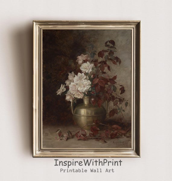 Moody Flower Still Life Painting Farmhouse Vase Wall Art Vintage Rose Print Antique Floral Dark