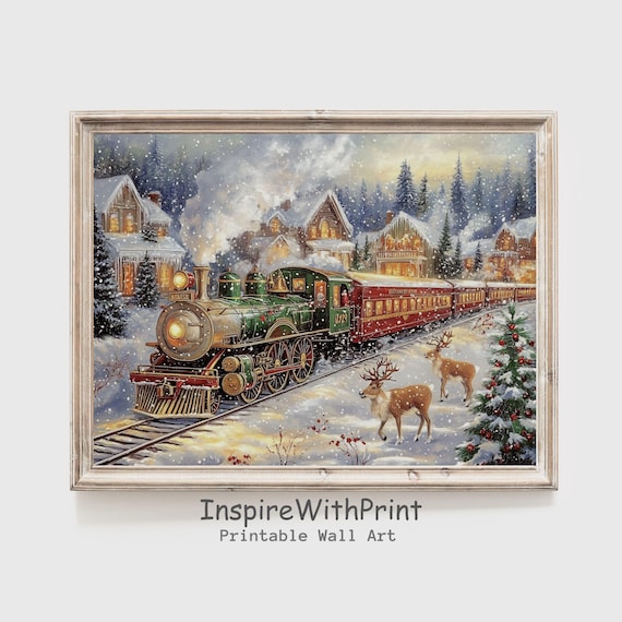Vintage Polar Express Train Art Print, Winter Holiday