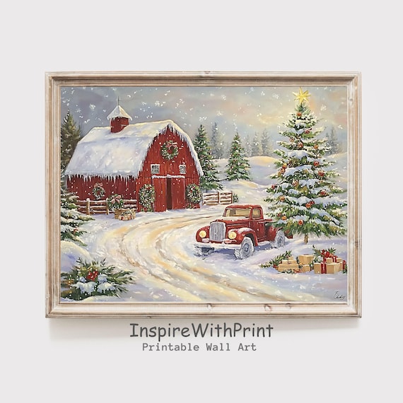Red Barn Snowy Farm Scene With Vintage Red Truck Christmas Tree Poster