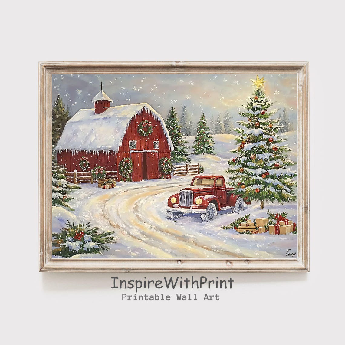 Red Barn Snowy Farm Scene With Vintage Red Truck Christmas Tree Poster
