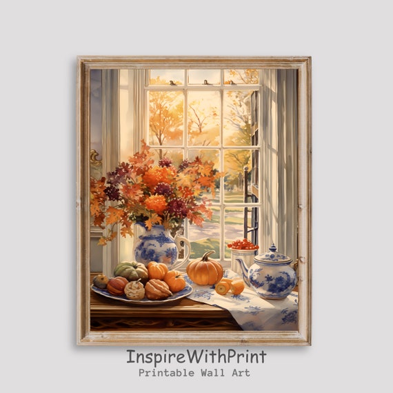 Fall Flowers Still Life With Pumpkin Moody Window Painting Kitchen Wall Art Flower Vase Print Vintage Autumn
