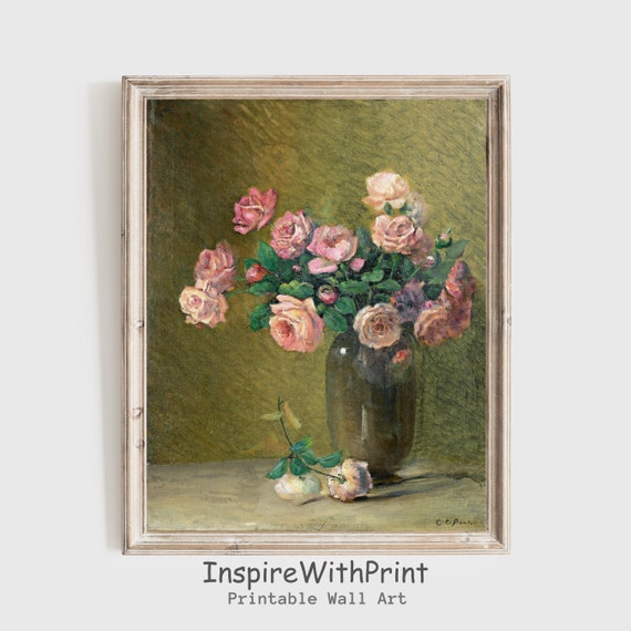 Vintage Pink Rose Painting Moody Flower Print Artful Art Antique Cottage Still Life