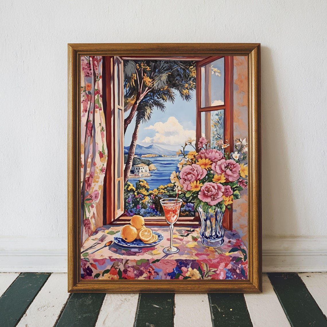 Mediterranean Open Window Palm Tree Bay View Flowers Cocktail Poster