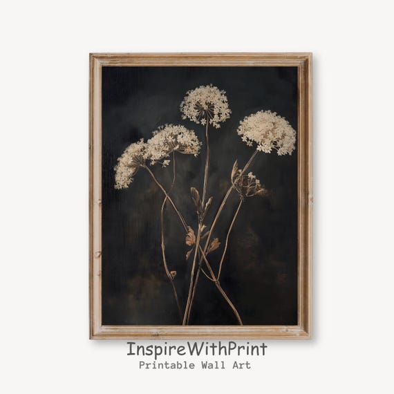 Vintage Dark Flower Print Moody Floral Wall Art Botanical Rustic Antique Neutral